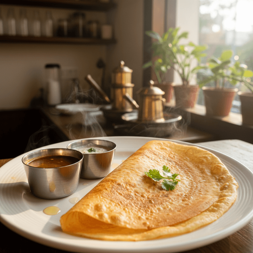 Breakfast - Fresh dosas and idlis with sambar and chutney